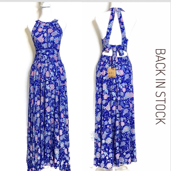 NWT Abel the Label Anthropologie Blue Bell Cottage Floral Maxi Halter Dress - Picture 2 of 13